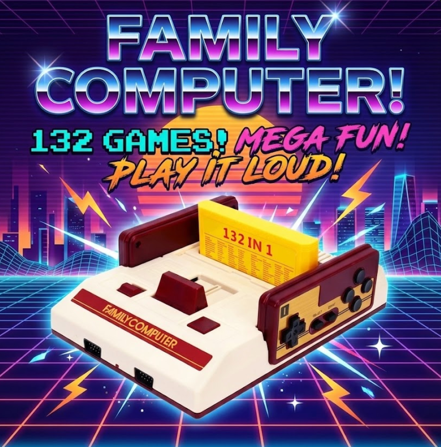 8-Bit Retro Game Console - 132 Built-In Classic Games